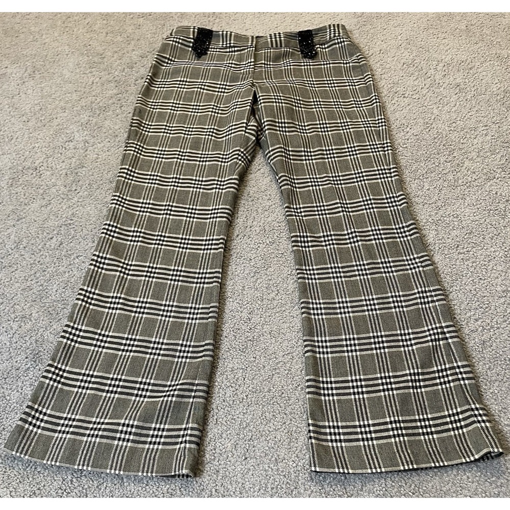 90s Boston Proper Plaid Bootcut Pants Women's 8 Black White Beads Accent Career